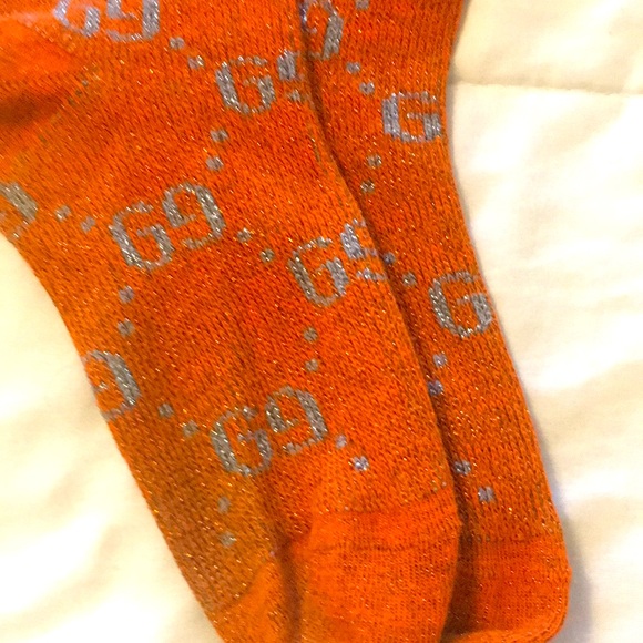 Gucci Sparkly Shiny Women's Socks - Mid Calf, Orange with Silver Sparkles - Picture 7 of 7